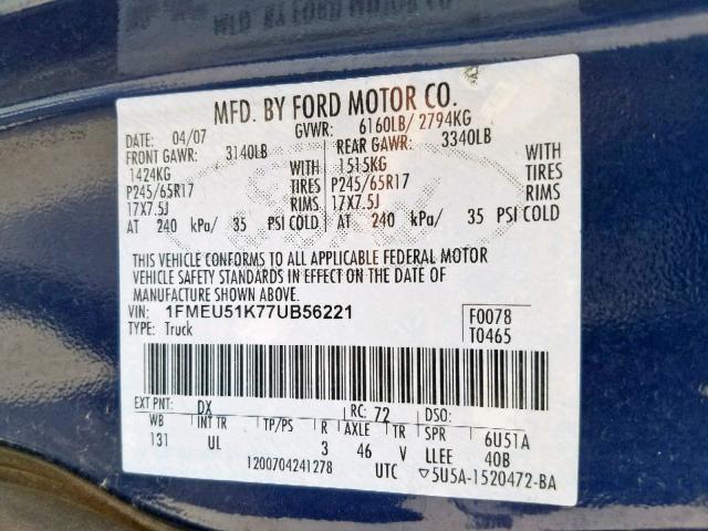 1FMEU51K77UB56221 - 2007 FORD EXPLORER S BLUE photo 10