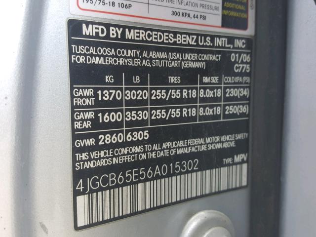 4JGCB65E56A015302 - 2006 MERCEDES-BENZ R 350 SILVER photo 10