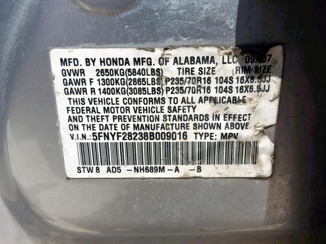 5FNYF28238B009016 - 2008 HONDA PILOT VP SILVER photo 10