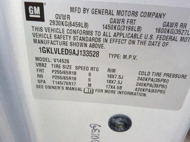 1GKLVLED9AJ133528 - 2010 GMC ACADIA SLE SILVER photo 10