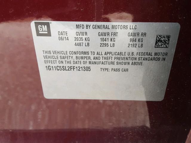 1G11C5SL2FF121305 - 2015 CHEVROLET MALIBU 1LT მუქწითელი ფოტო 10