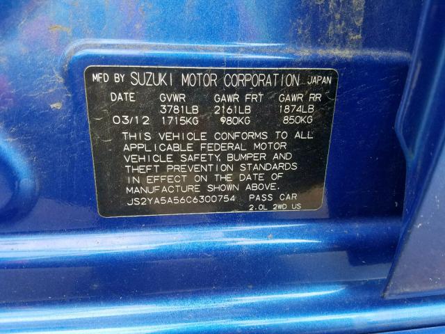 JS2YA5A56C6300754 - 2012 SUZUKI SX4 BLUE photo 10