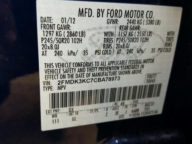 2FMDK3KC7CBA78973 - 2012 FORD EDGE LIMIT BLUE photo 10