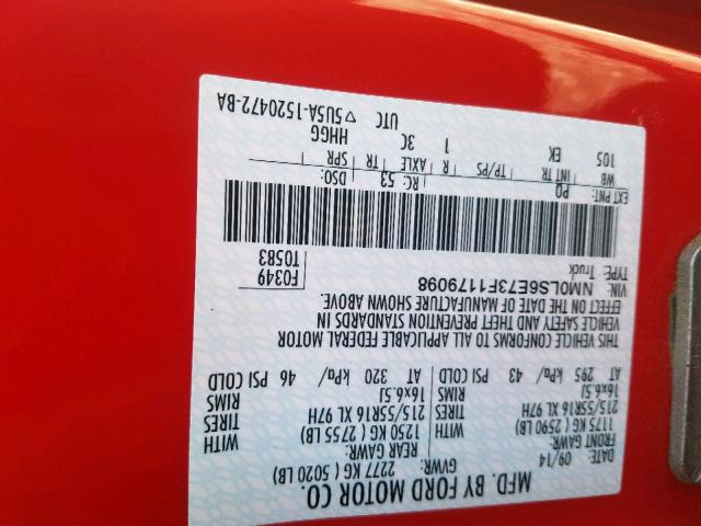 NM0LS6E73F1179098 - 2015 FORD TRANSIT CO RED photo 10