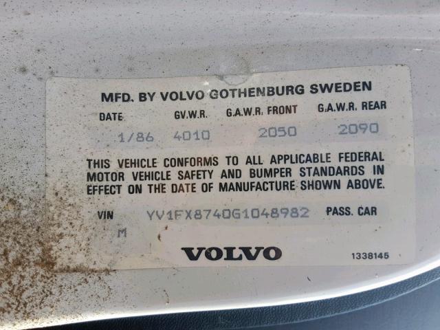 YV1FX8740G1048982 - 1986 VOLVO 740 GLE WHITE photo 10