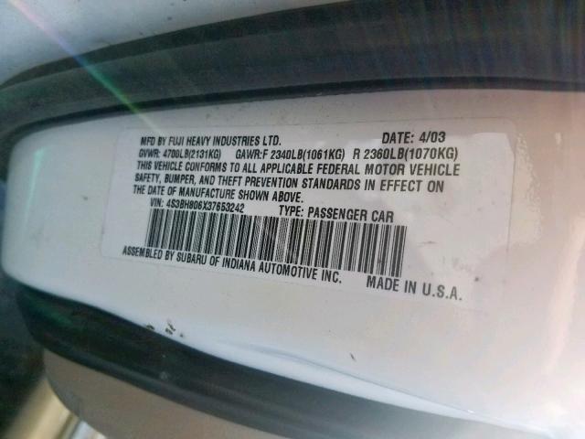 4S3BH806X37653242 - 2003 SUBARU LEGACY OUT CREAM photo 10