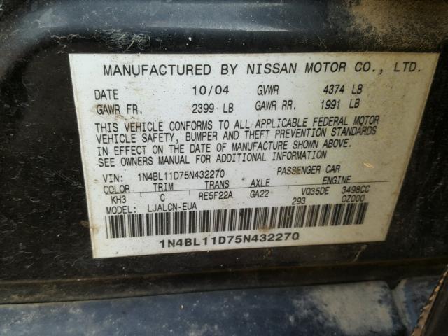 1N4BL11D75N432270 - 2005 NISSAN ALTIMA SE BLACK photo 10