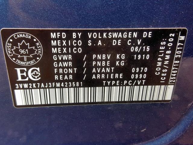 3VW2K7AJ3FM423581 - 2015 VOLKSWAGEN JETTA BASE BLUE photo 10