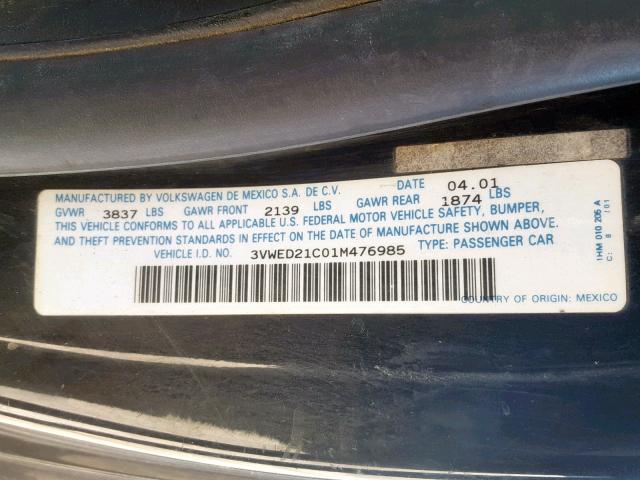 3VWED21C01M476985 - 2001 VOLKSWAGEN NEW BEETLE Schwarz Foto 10