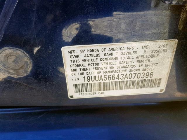 19UUA56643A070396 - 2003 ACURA 3.2TL BLUE photo 10