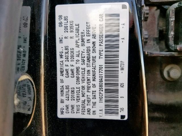 1HGCP26809A017701 - 2009 HONDA ACCORD EXL BLACK photo 10