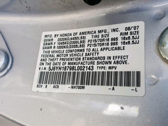 5J6YH18798L002143 - 2008 HONDA ELEMENT EX SILVER photo 10