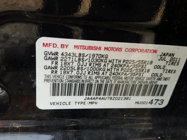 JA4AP4AU7BZ021381 - 2011 MITSUBISHI OUTLANDER BLACK photo 10