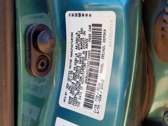 1NXBU4EE7AZ274665 - 2010 TOYOTA COROLLA BA GREEN photo 10