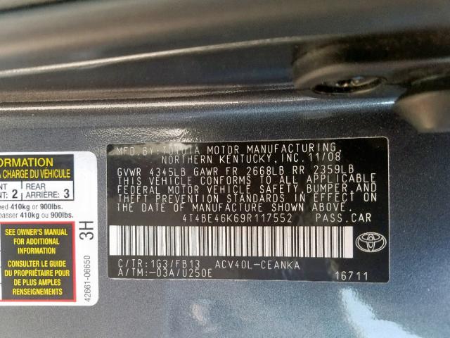 4T4BE46K69R117552 - 2009 TOYOTA CAMRY BASE CHARCOAL photo 10