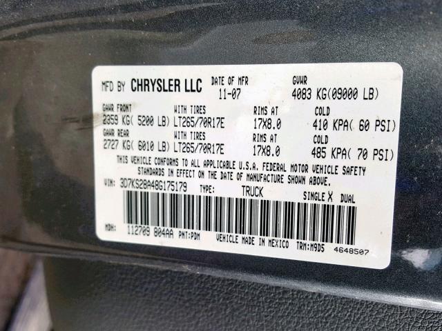 3D7KS28A48G175179 - 2008 DODGE RAM 2500 S GRAY photo 10