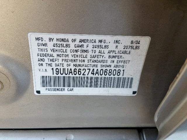 19UUA66274A068081 - 2004 ACURA TL TAN photo 10