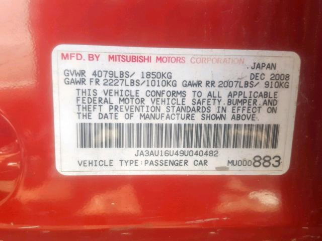 JA3AU16U49U040482 - 2009 MITSUBISHI LANCER DE RED photo 10