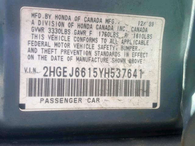 2HGEJ6615YH537641 - 2000 HONDA CIVIC BASE GREEN photo 10