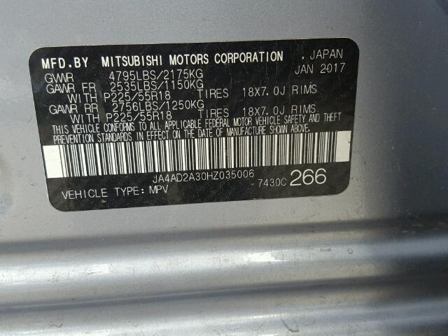 JA4AD2A30HZ035006 - 2017 MITSUBISHI OUTLANDER GRAY photo 10