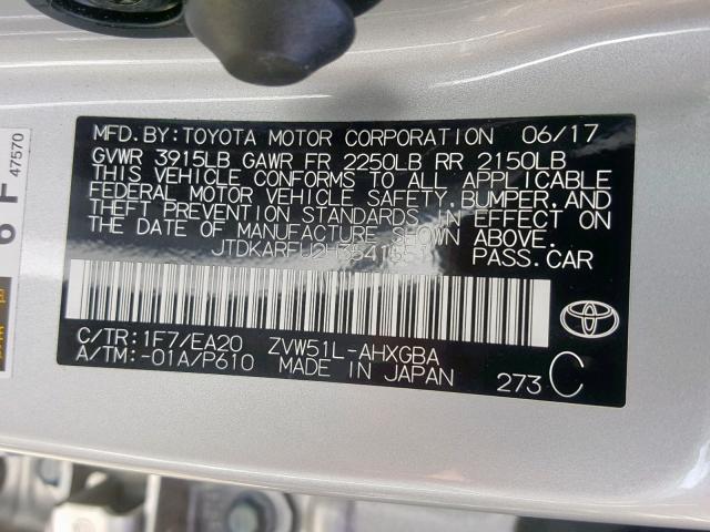 JTDKARFU2H3541551 - 2017 TOYOTA PRIUS SILVER photo 10