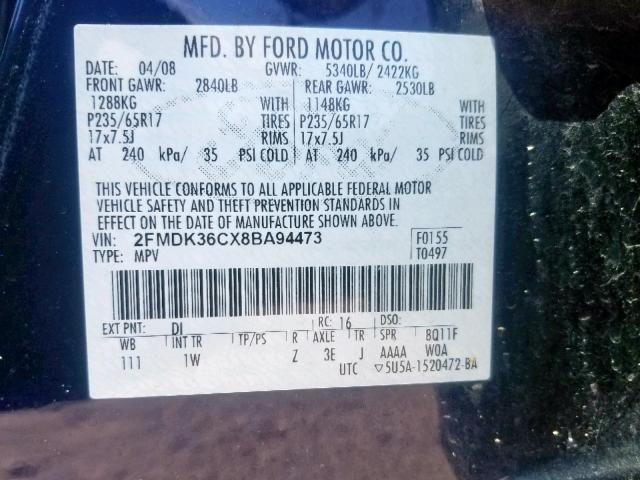 2FMDK36CX8BA94473 - 2008 FORD EDGE SE BLACK photo 10