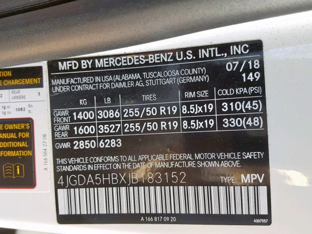 4JGDA5HBXJB183152 - 2018 MERCEDES-BENZ GLE 350 4M WHITE photo 10