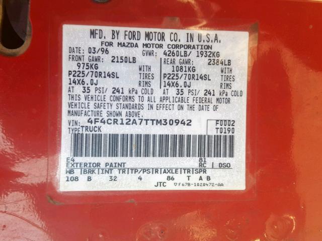 4F4CR12A7TTM30942 - 1996 MAZDA B2300 RED photo 10