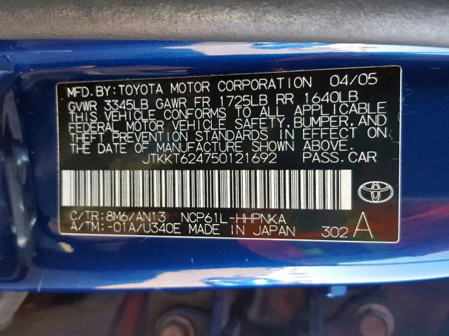 JTKKT624750121692 - 2005 TOYOTA SCION XA BLUE photo 10