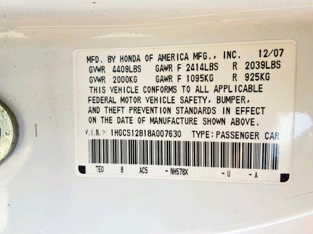 1HGCS12818A007630 - 2008 HONDA ACCORD EXL WHITE photo 10