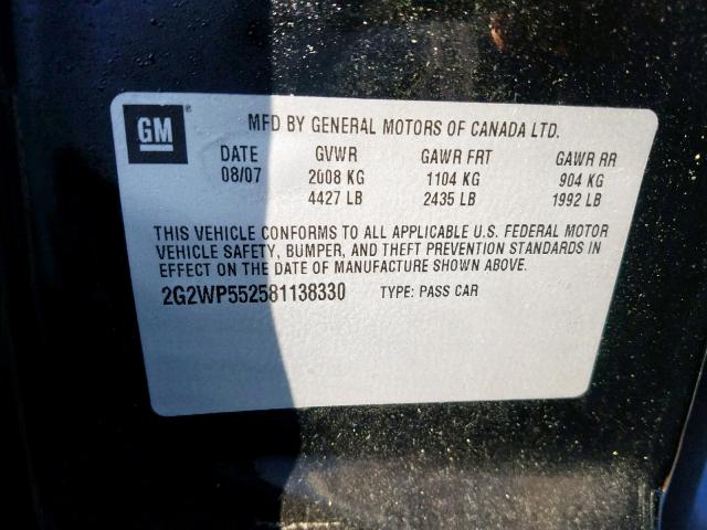 2G2WP552581138330 - 2008 PONTIAC GRAND PRIX BLACK photo 10