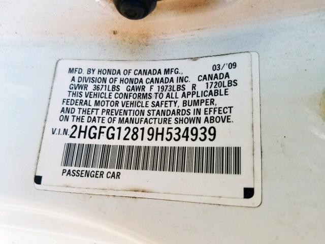 2HGFG12819H534939 - 2009 HONDA CIVIC EX WHITE photo 10