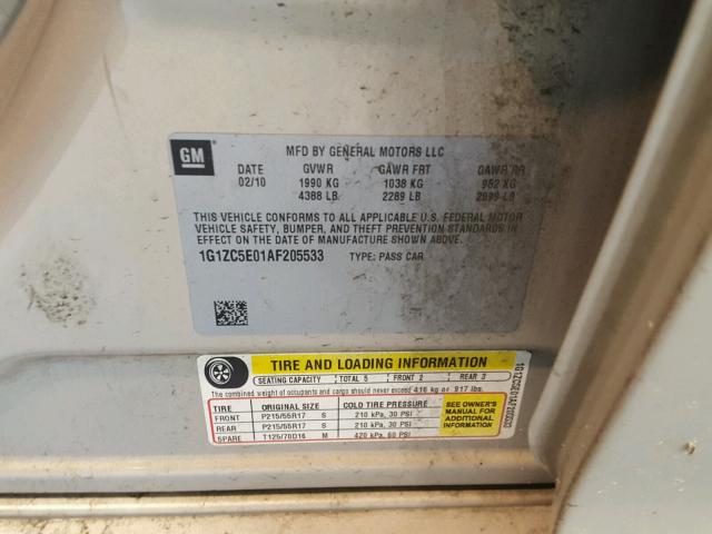 1G1ZC5E01AF205533 - 2010 CHEVROLET MALIBU 1LT GOLD photo 10