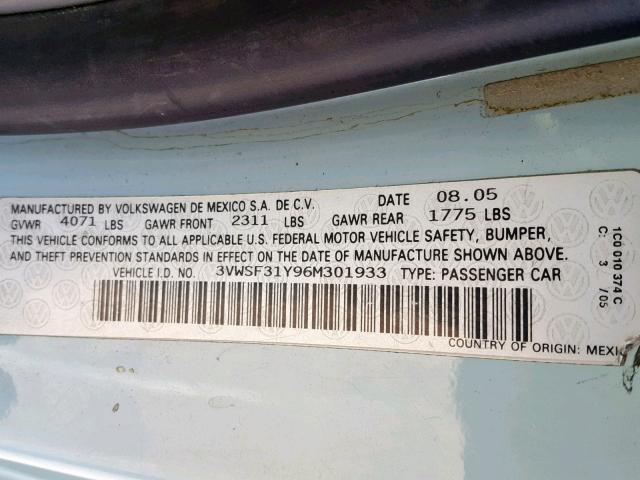 3VWSF31Y96M301933 - 2006 VOLKSWAGEN NEW BEETLE ლურჯი ფოტო 10