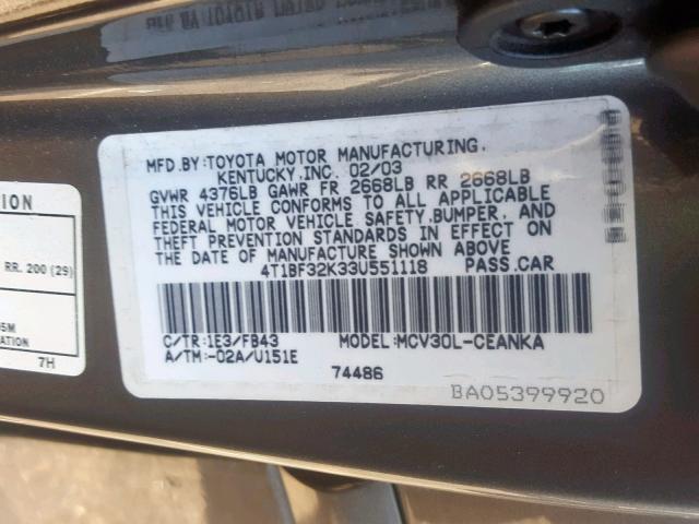 4T1BF32K33U551118 - 2003 TOYOTA CAMRY LE GRAY photo 10