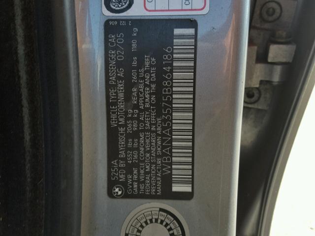 WBANA53575B864186 - 2005 BMW 525 I SILVER photo 10