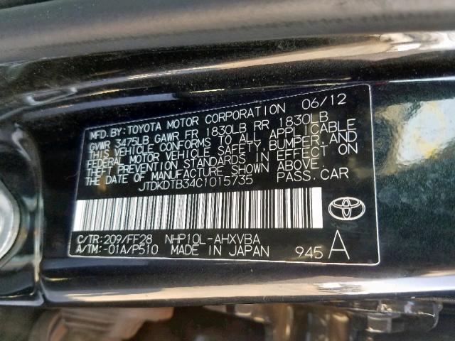 JTDKDTB34C1015735 - 2012 TOYOTA PRIUS C BLACK photo 10