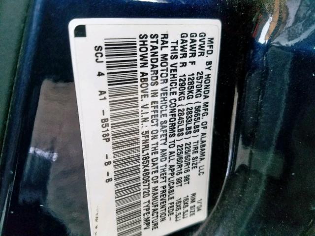 5FNRL185X4B067720 - 2004 HONDA ODYSSEY LX BLUE photo 10