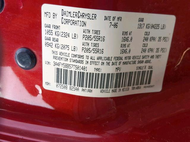 3A4FY58B57T501401 - 2007 CHRYSLER PT CRUISER BURGUNDY photo 10