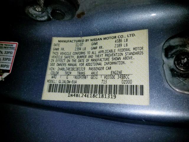 1N4BL24E18C181319 - 2008 NISSAN ALTIMA 3.5 GRAY photo 10