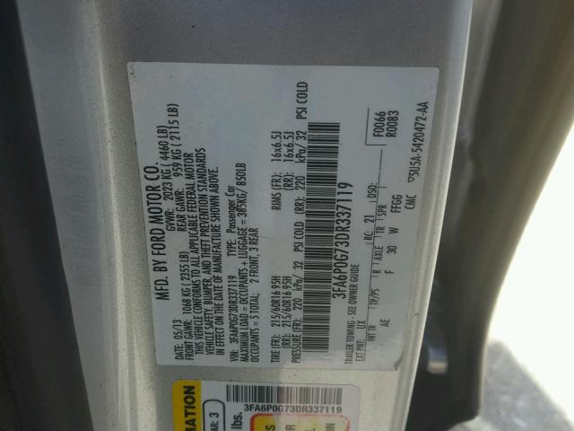 3FA6P0G73DR337119 - 2013 FORD FUSION S SILVER photo 10