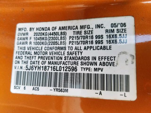 5J6YH18716L012596 - 2006 HONDA ELEMENT EX ORANGE photo 10