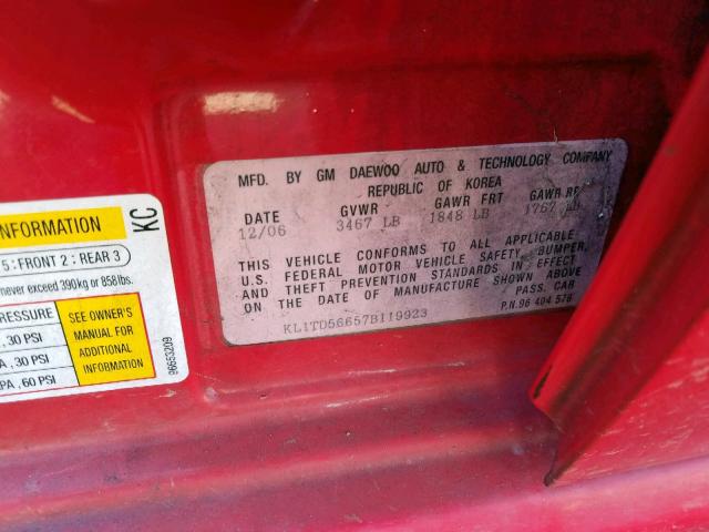 KL1TD56657B119923 - 2007 CHEVROLET AVEO BASE Qırmızı foto 10