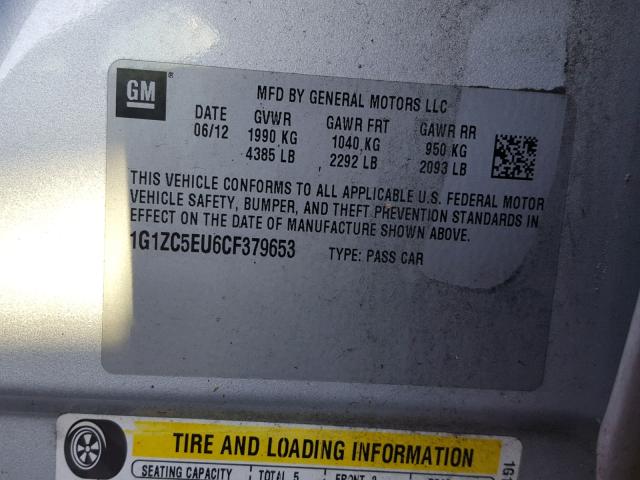 1G1ZC5EU6CF379653 - 2012 CHEVROLET MALIBU 1LT SILVER photo 10