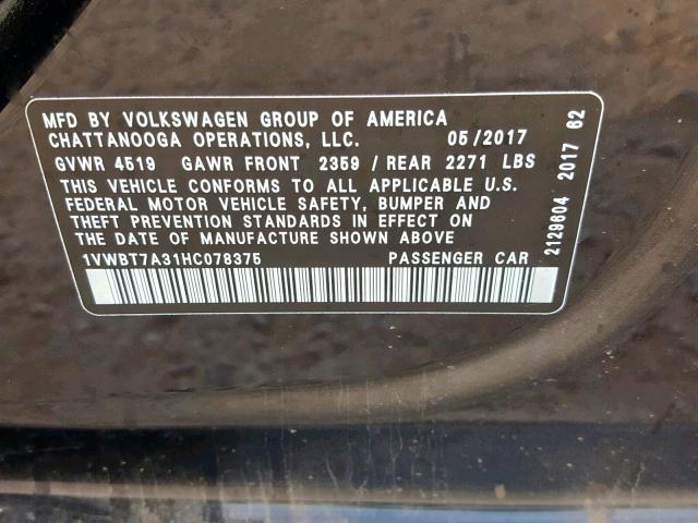 1VWBT7A31HC078375 - 2017 VOLKSWAGEN PASSAT SE BLACK photo 10