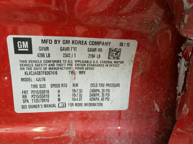 KL4CJASB7FB267416 - 2015 BUICK ENCORE RED photo 10