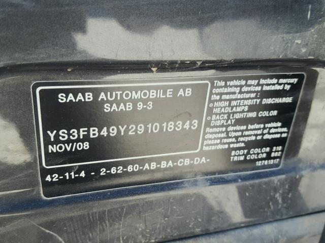 YS3FB49Y291018343 - 2009 SAAB 9-3 2.0T GRAY photo 10