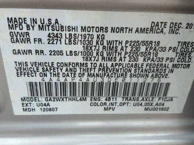 4A4AP4AU3DE011276 - 2013 MITSUBISHI OUTLANDER SILVER photo 10