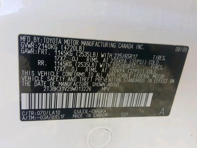 2T3BK31V29W013226 - 2009 TOYOTA RAV4 LIMIT WHITE photo 10