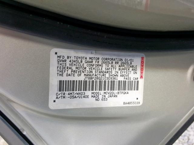 JT8BF28G210309361 - 2001 LEXUS ES 300 SILVER photo 10